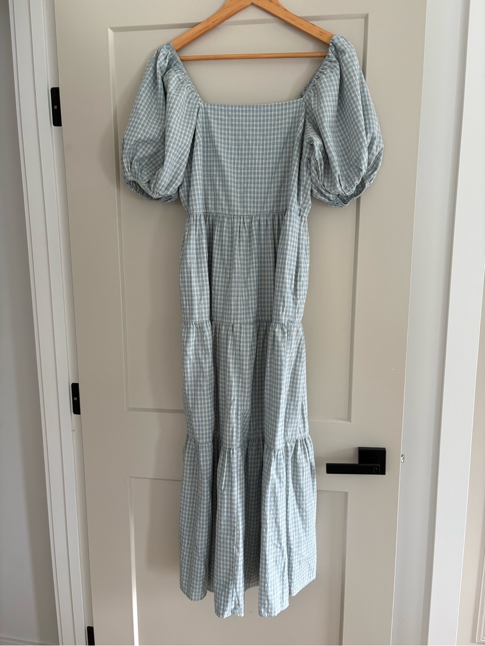 Puff Sleeve Tiered Gingham Maxi Dress